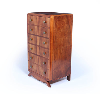 Tall Slim French Art Deco Walnut Chest of Drawers