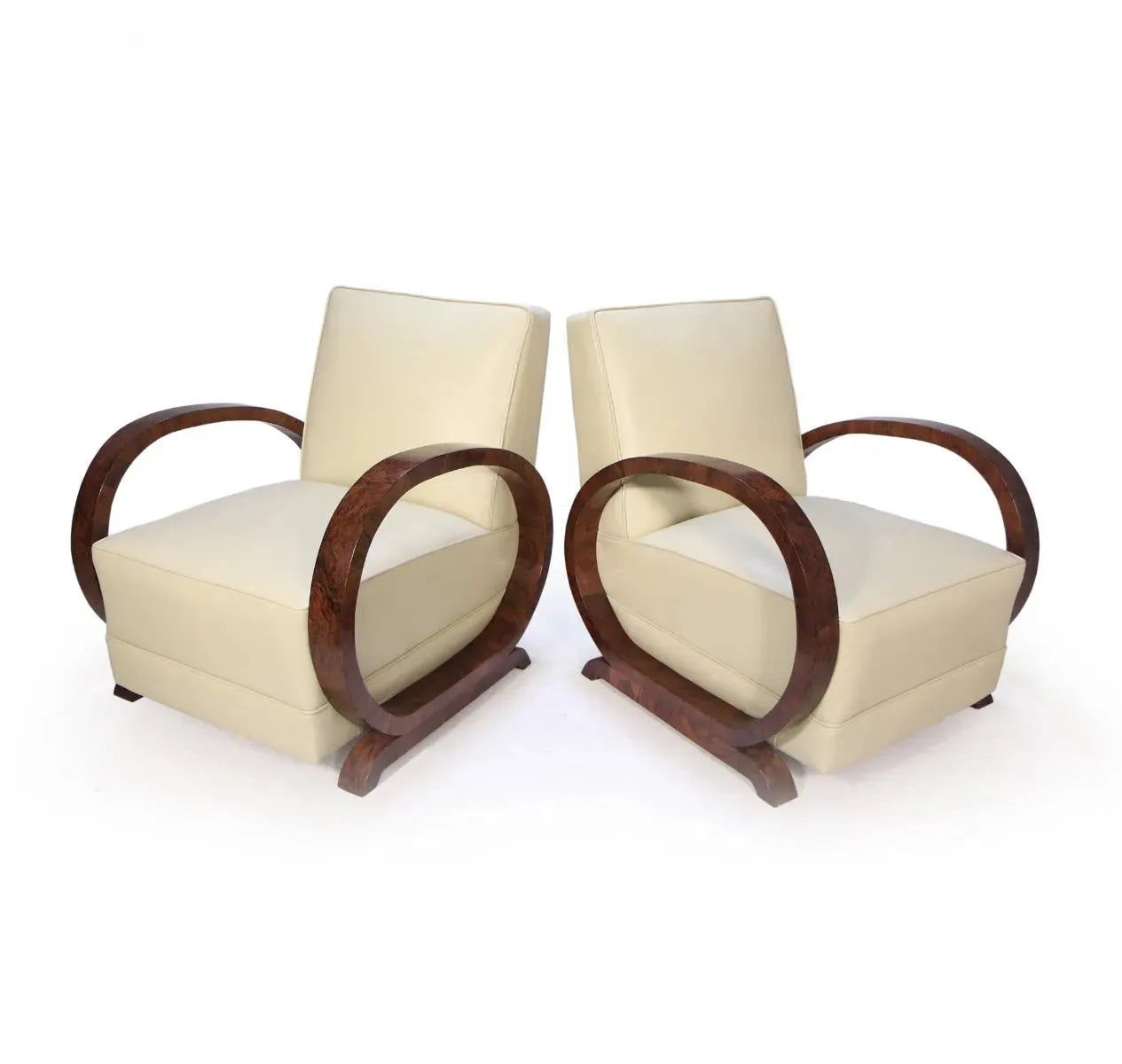 walnut and leather art deco armchairs