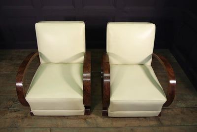 Art Deco Burr Walnut and Leather Armchairs top