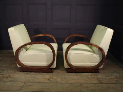 Pair of Art Deco Burr Walnut and Leather Armchairs