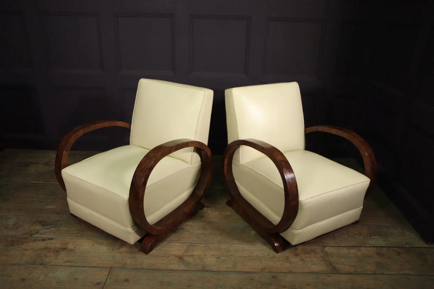 Pair of Art Deco Burr Walnut and Leather Armchairs