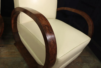 Pair of Art Deco Burr Walnut and Leather Armchairs