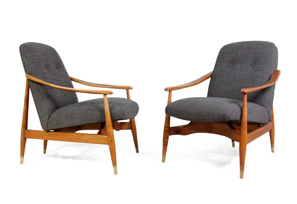 Mid Century Pair of Cherry and Wool Armchairs