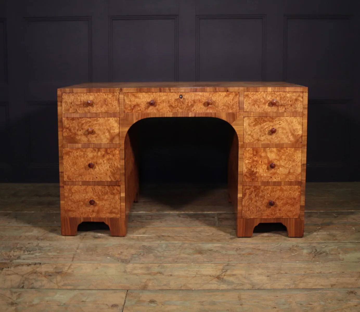 English Art Deco Burr Walnut Desk front