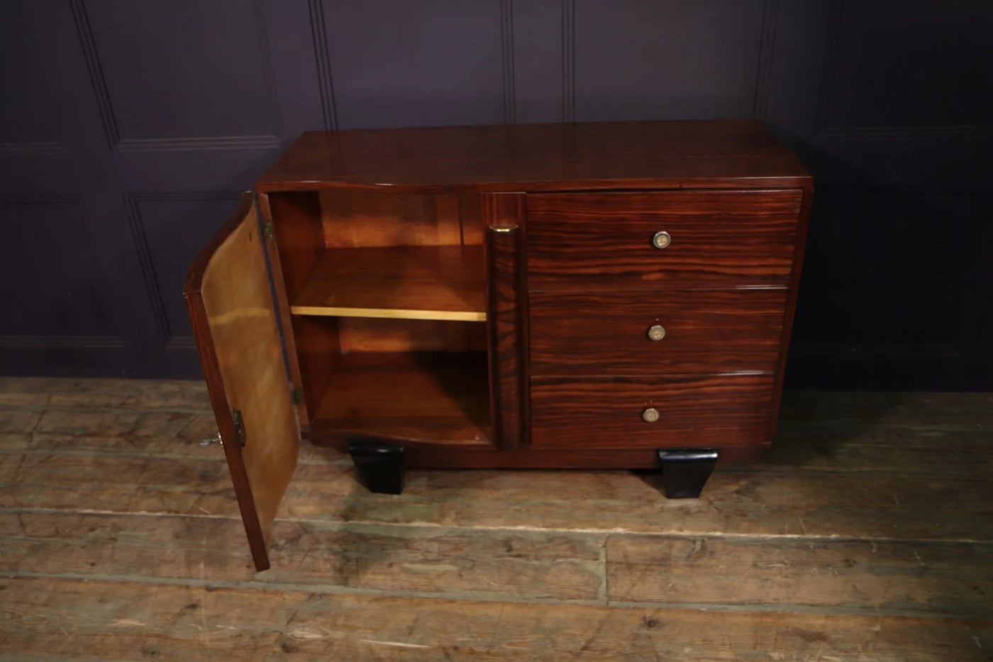 Small French Art Deco sideboard in Macassar ebony open