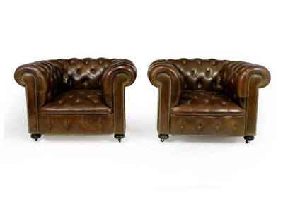 Pair of Brown Leather Chesterfield Club Chairs