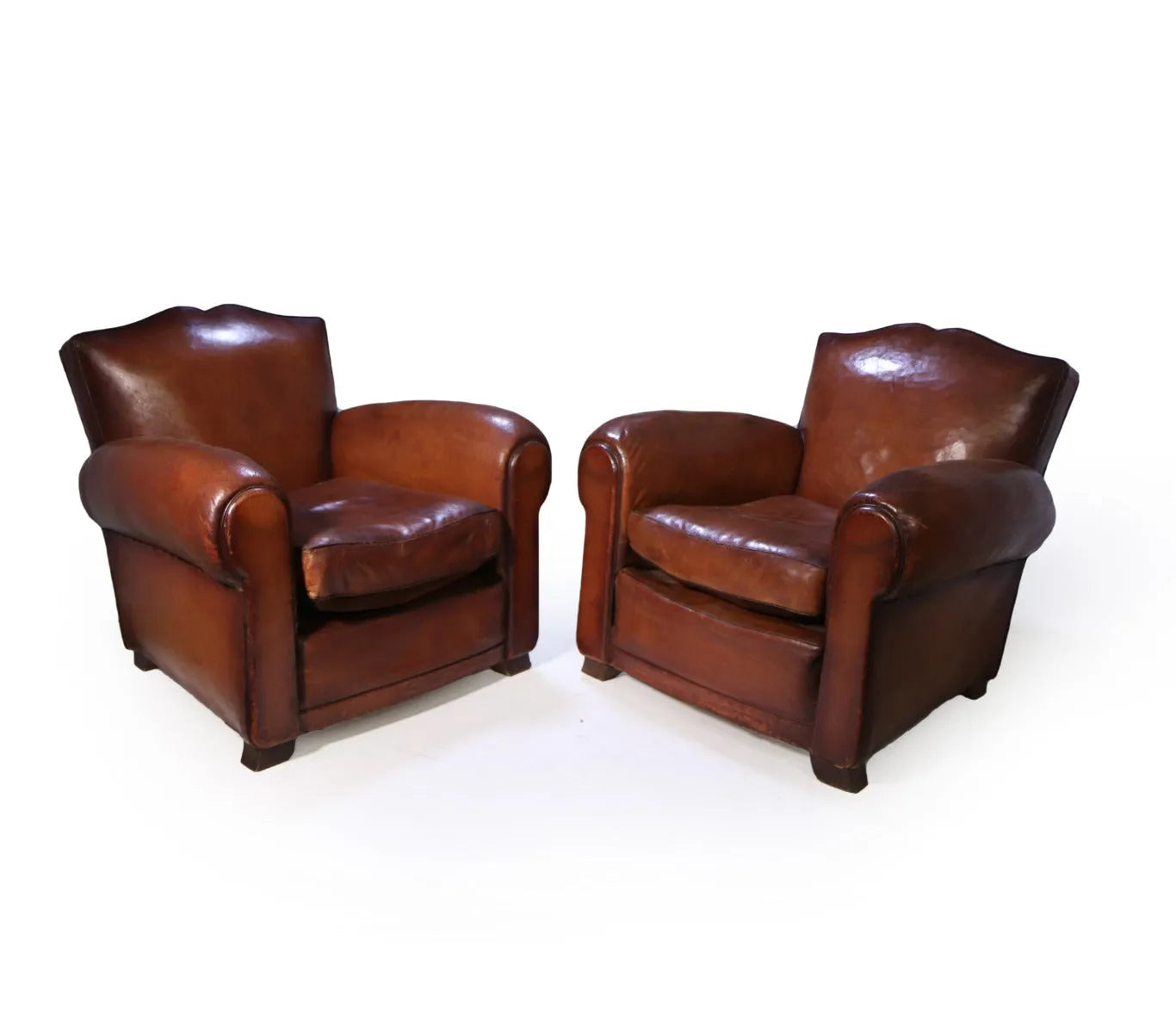 Pair of French Leather Moustache Back Club Chairs