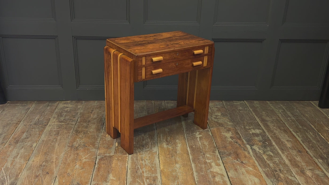 English Art Deco Walnut Console Table with Drawers