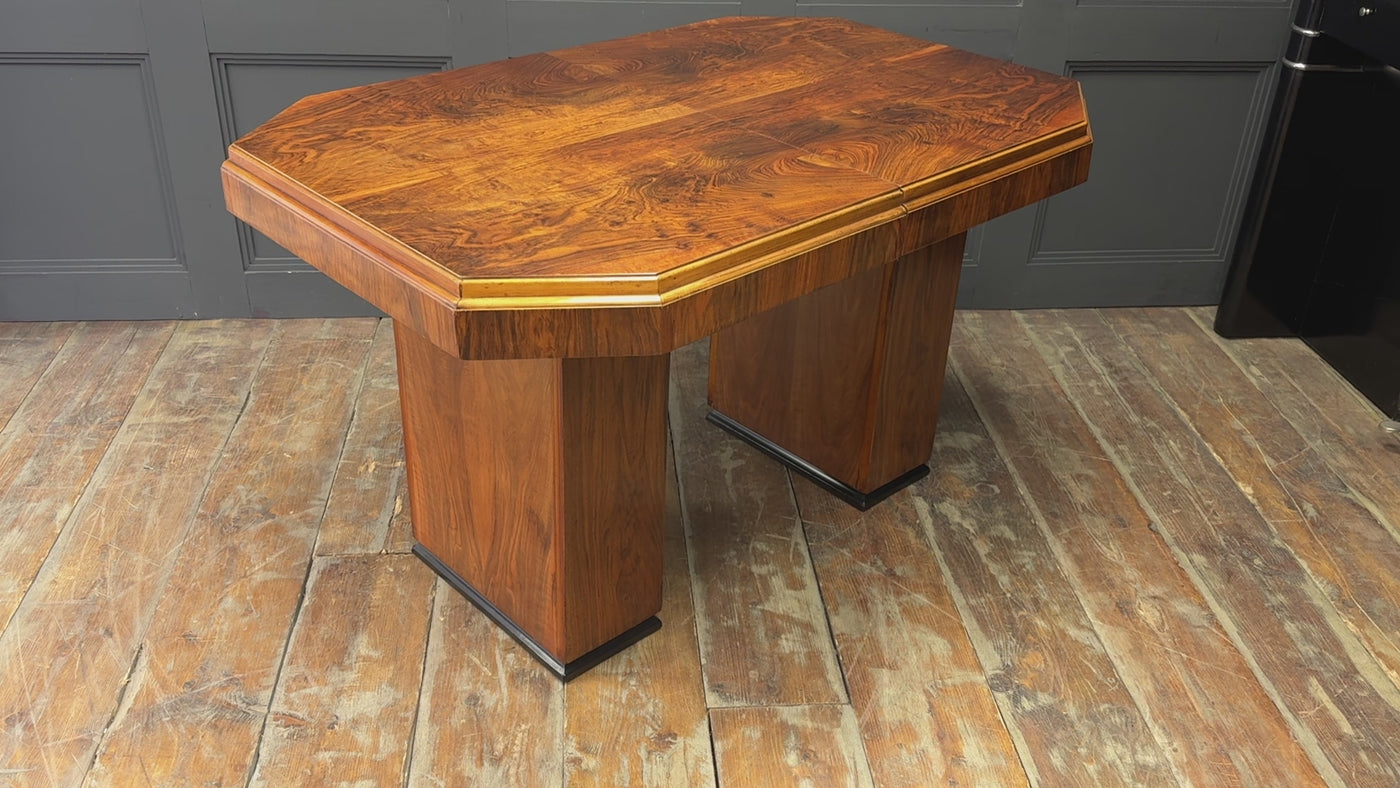 English Art Deco Walnut Extending Dining Table