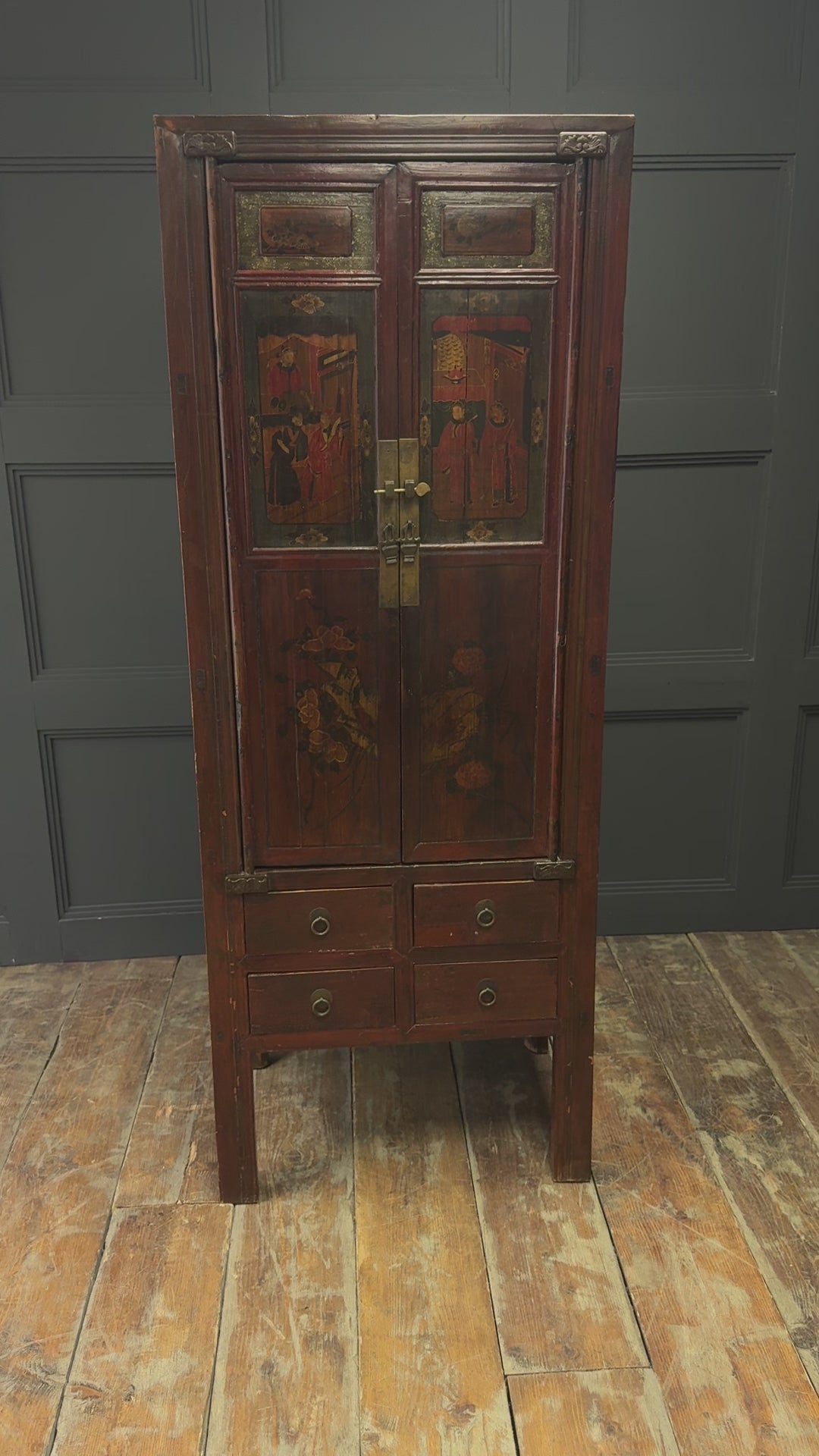 19th Century Chinese Lacquer Cabinet with Painted Panels