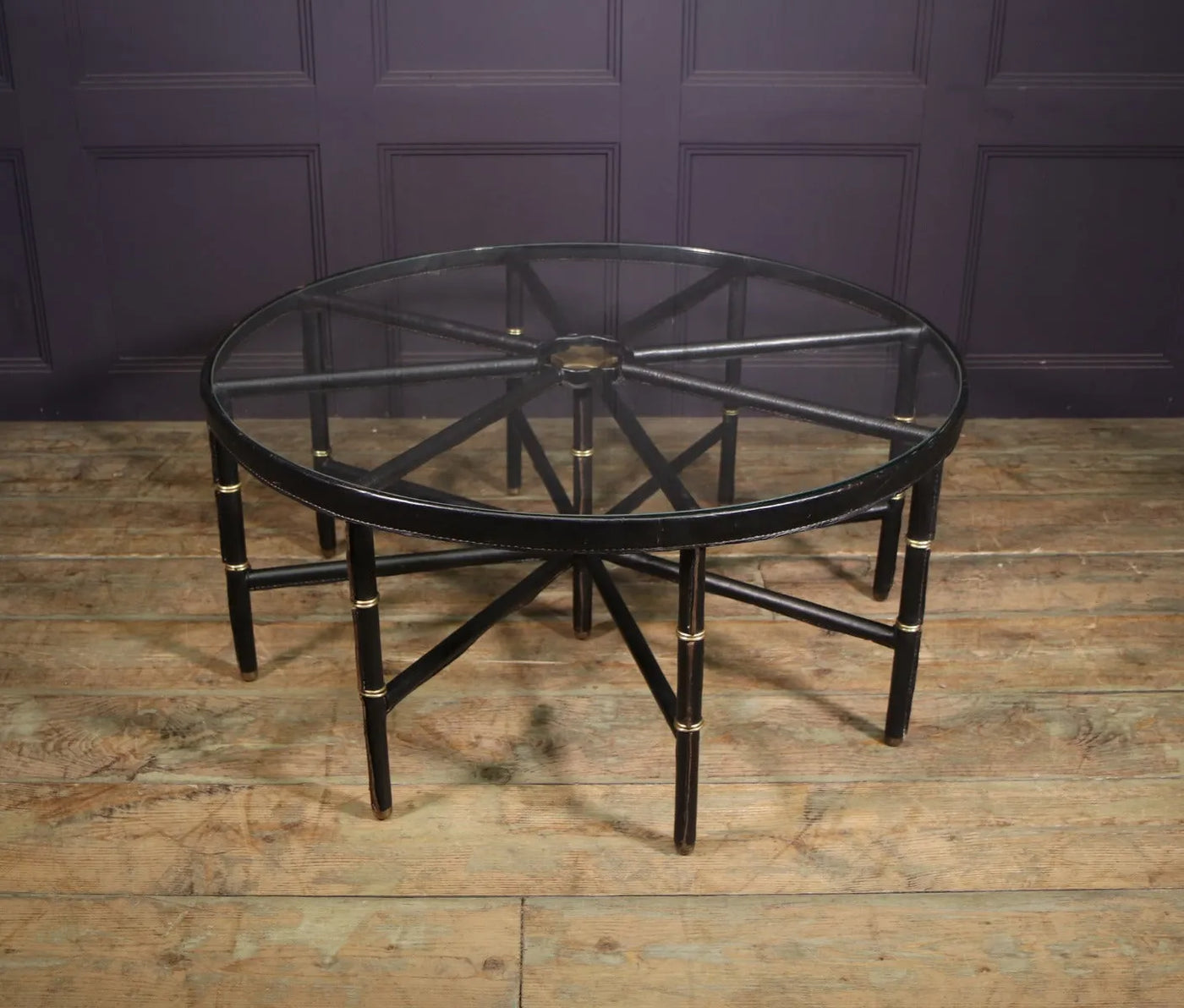 Stitched Leather and Brass Table by Jacques Adnet