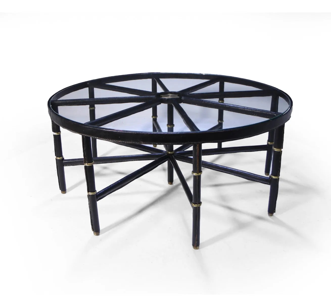 Stitched Leather and Brass Table by Jacques Adnet