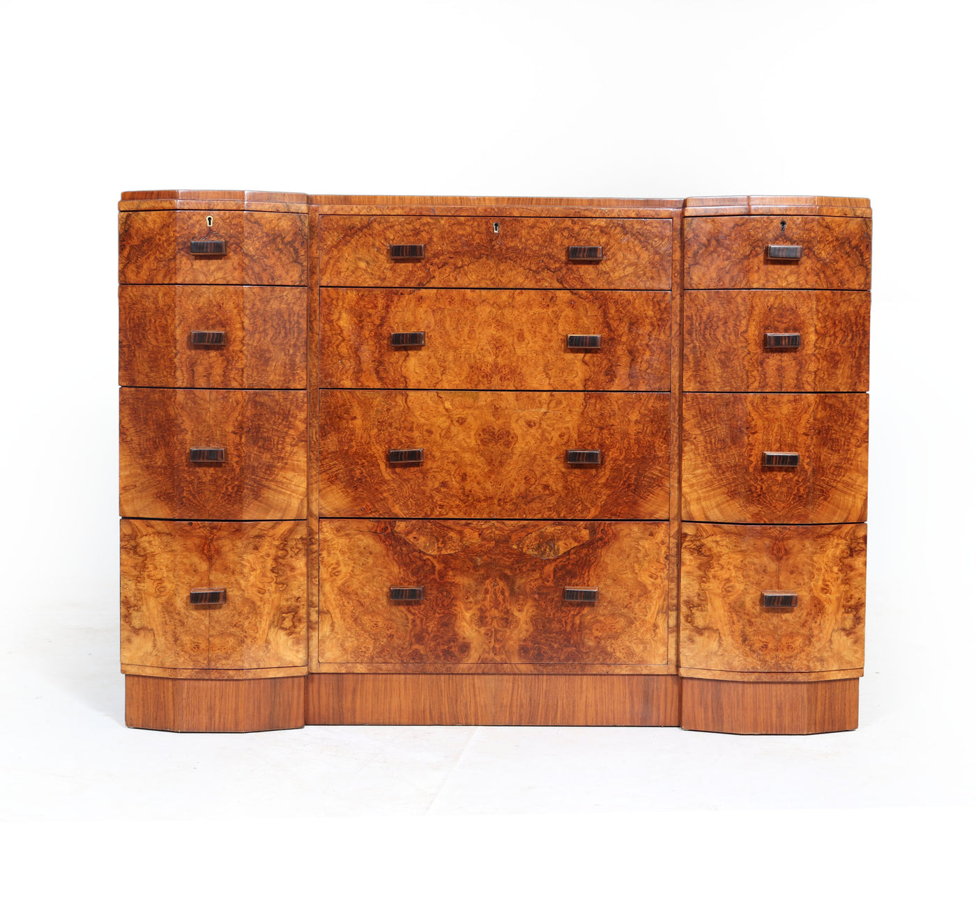 English Art Deco Burr Walnut Chest of Drawers front
