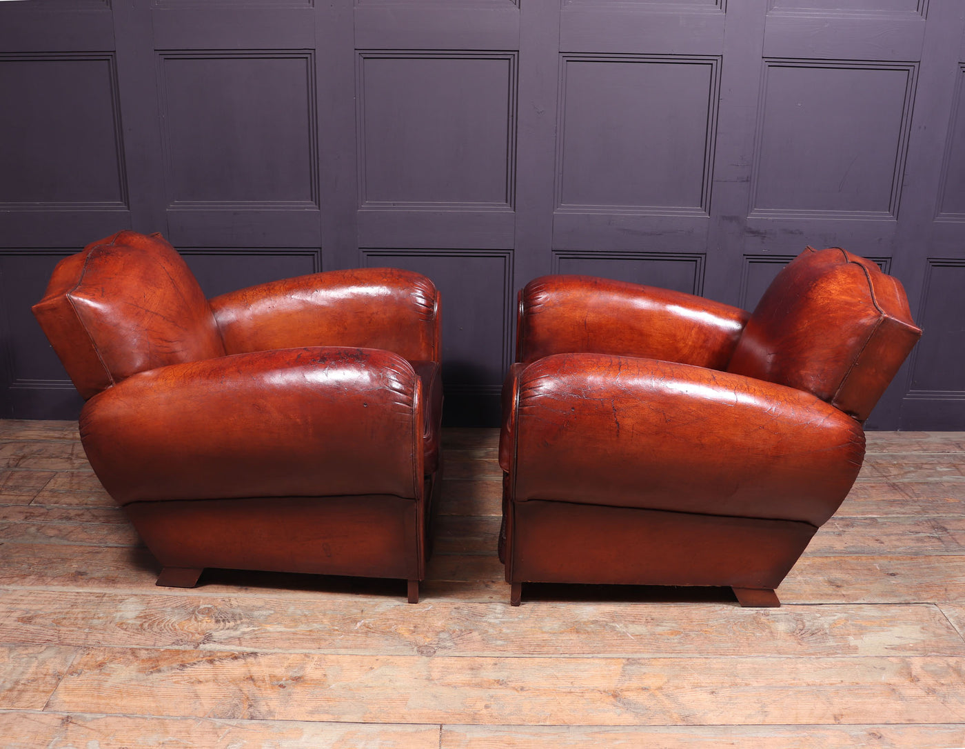 Pair of French Leather Moustache Back Club Chairs