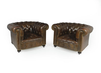 Pair of Brown Leather Chesterfield Club Chairs side