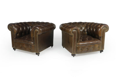 Pair of Brown Leather Chesterfield Club Chairs left