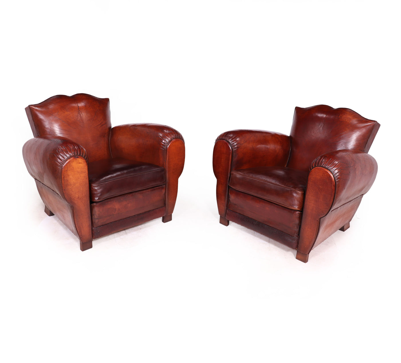 Pair of French Leather Moustache Back Club Chairs front