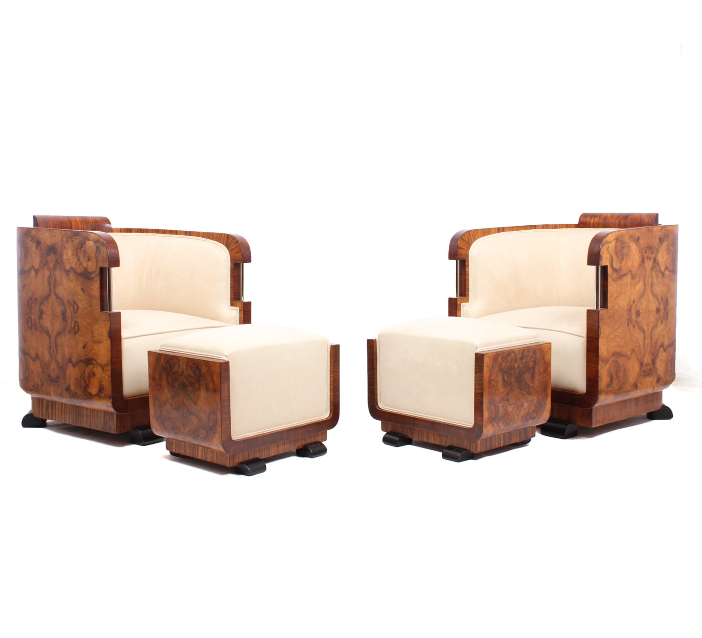Pair of Italian Art Deco Armchairs and Stools