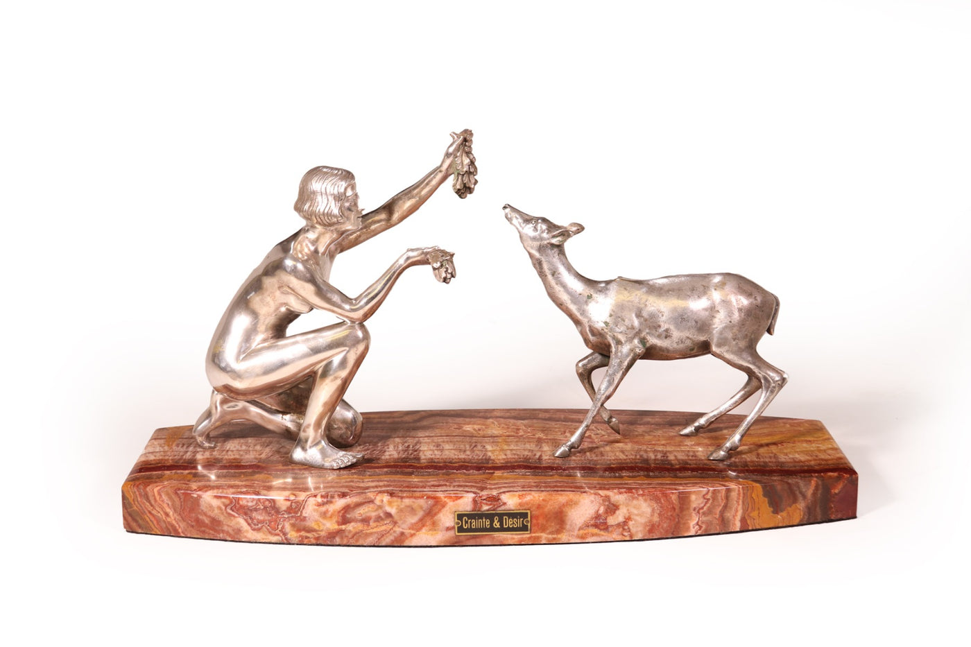 Art Deco Silvered Bronze of Lady feeding deer by D’Arte