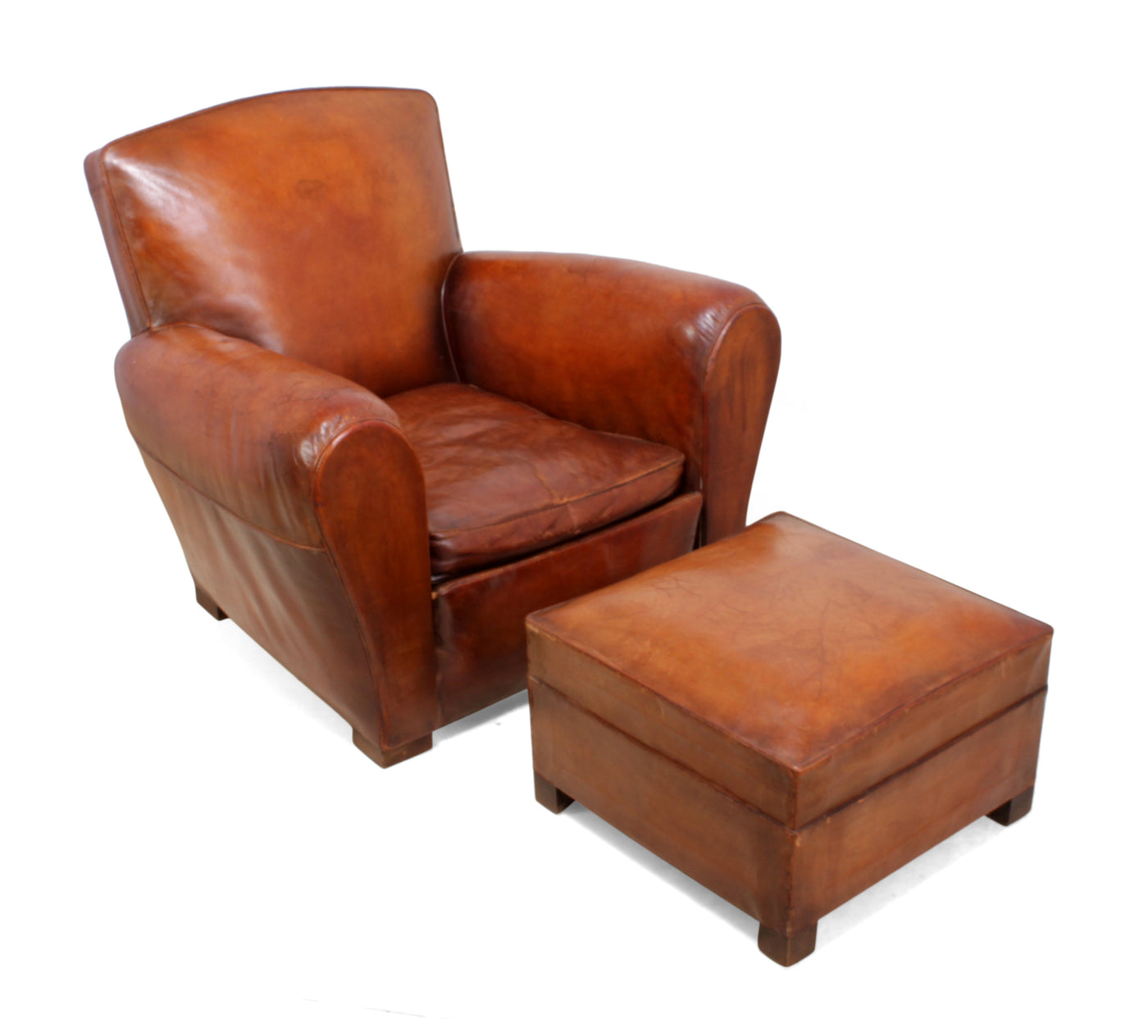 French leather Club Chair and Stool