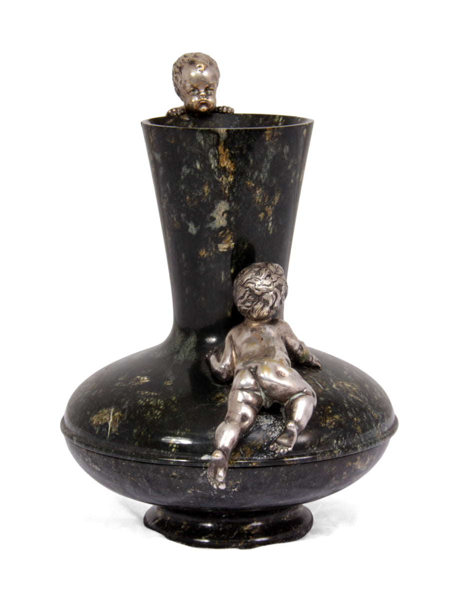 Silvered Bronze Cherubs Climbing a Marble Vase c1880