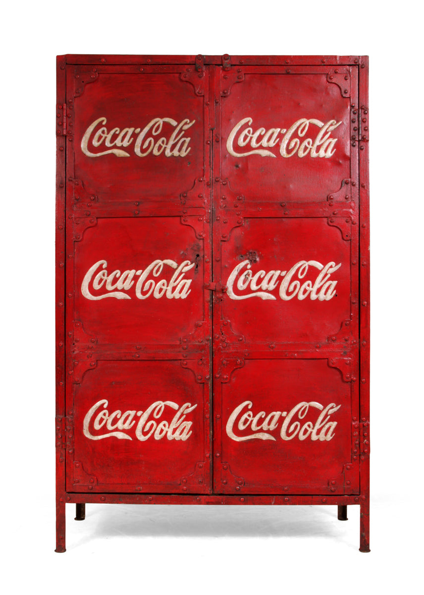 Industrial Steel Coca Cola Factory Cupboard India c1956  This 1950's Industrial steel cupboard would have been produced in India when Coca Cola set up factories there in 1956, the frame is heavy grade steel with lots of rivets, the panels are embossed with the coca cola logo the shelves inside are wood, the cupboard has had its padlock removed from the front and has some damage to the steel
