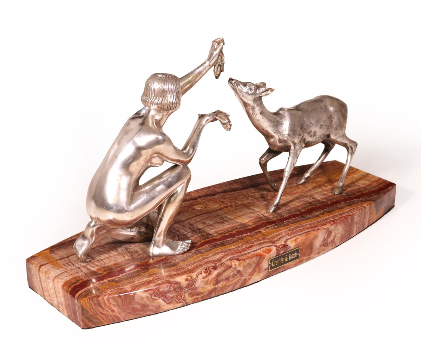 Art Deco Silvered Bronze of Lady feeding deer by D’Arte
