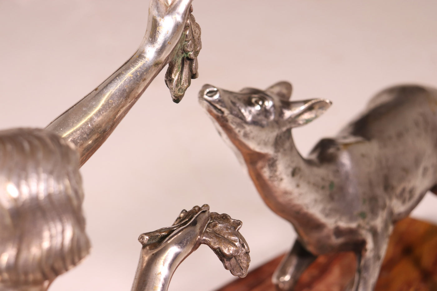 Art Deco Silvered Bronze of Lady feeding deer by D’Arte c1930