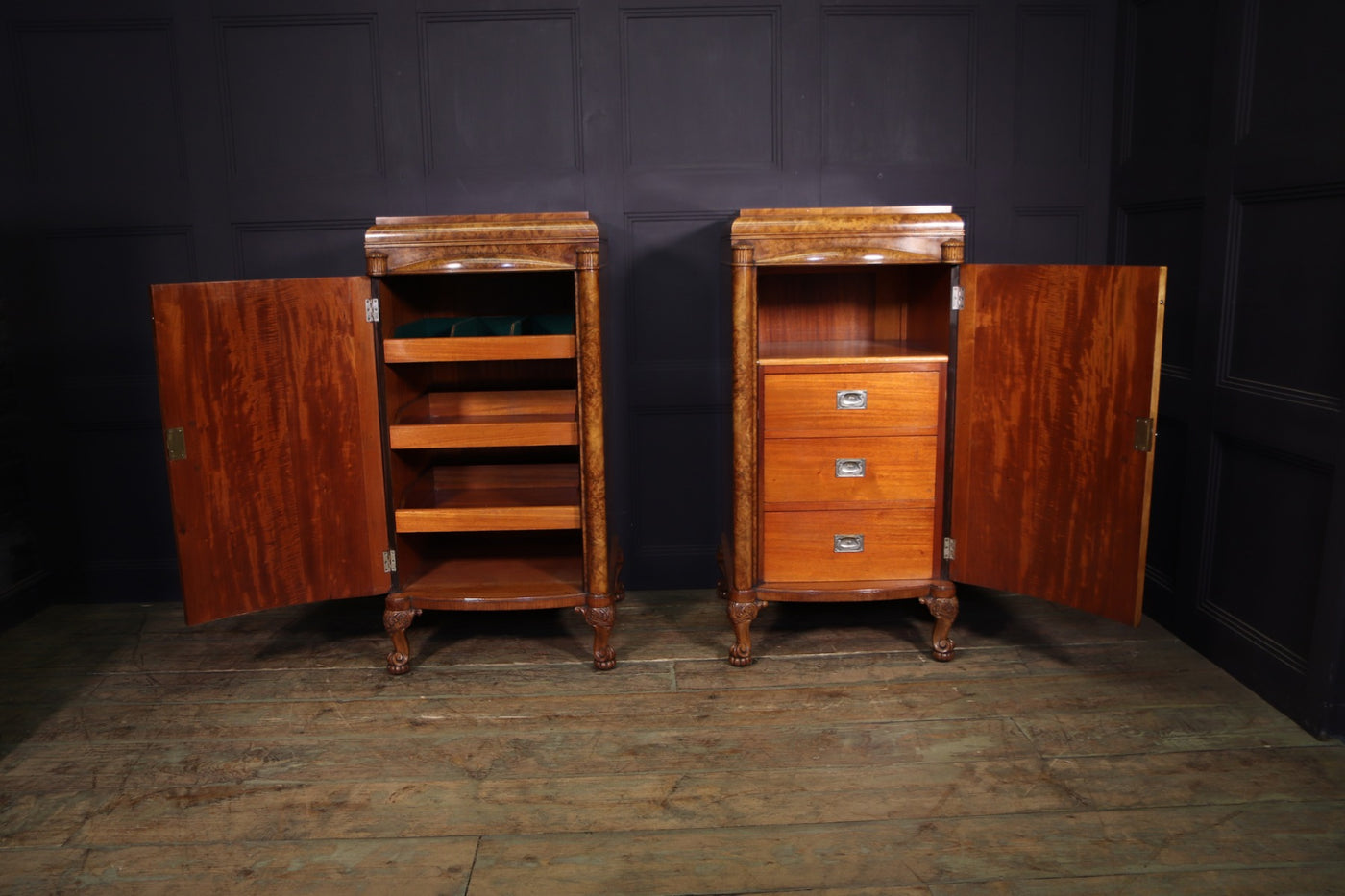Pair of Large Art Deco Side Cabinets in Burr Walnut open