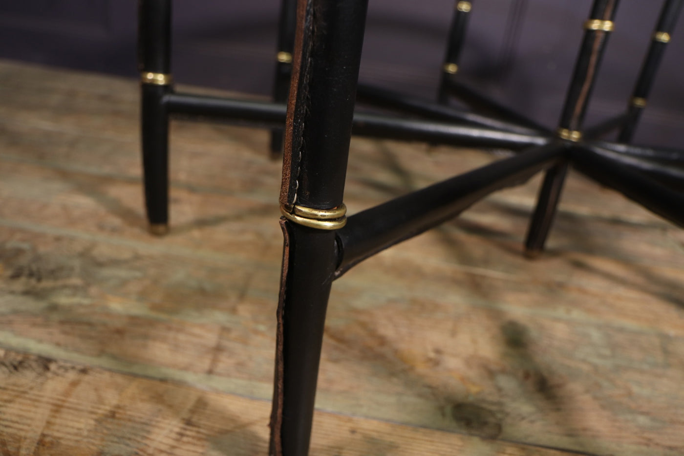 Stitched Leather and Brass Table by Jacques Adnet ring