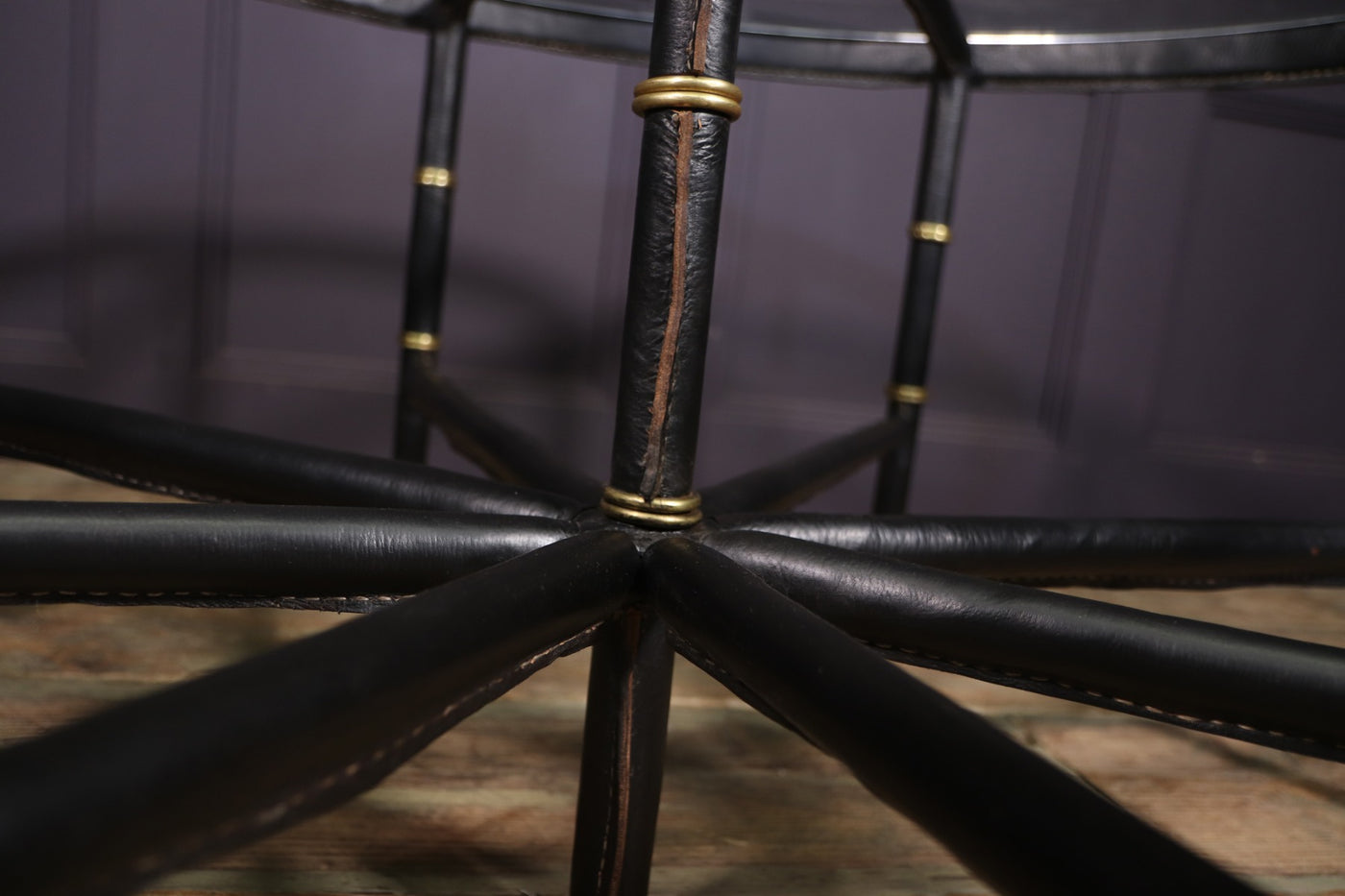 Stitched Leather and Brass Table by Jacques Adnet centre