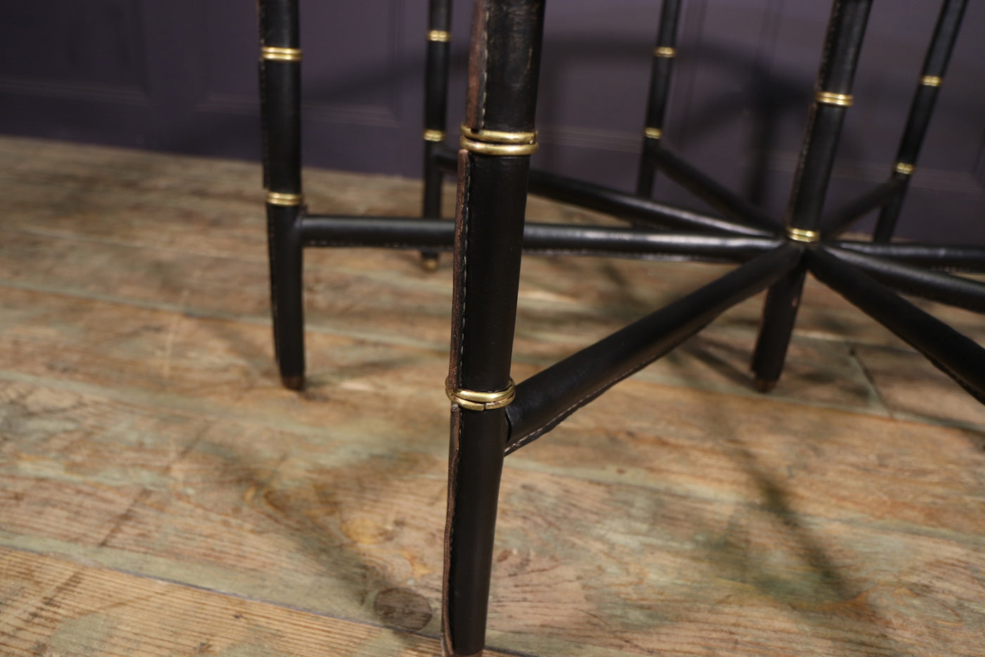 Stitched Leather and Brass Table by Jacques Adnet angle