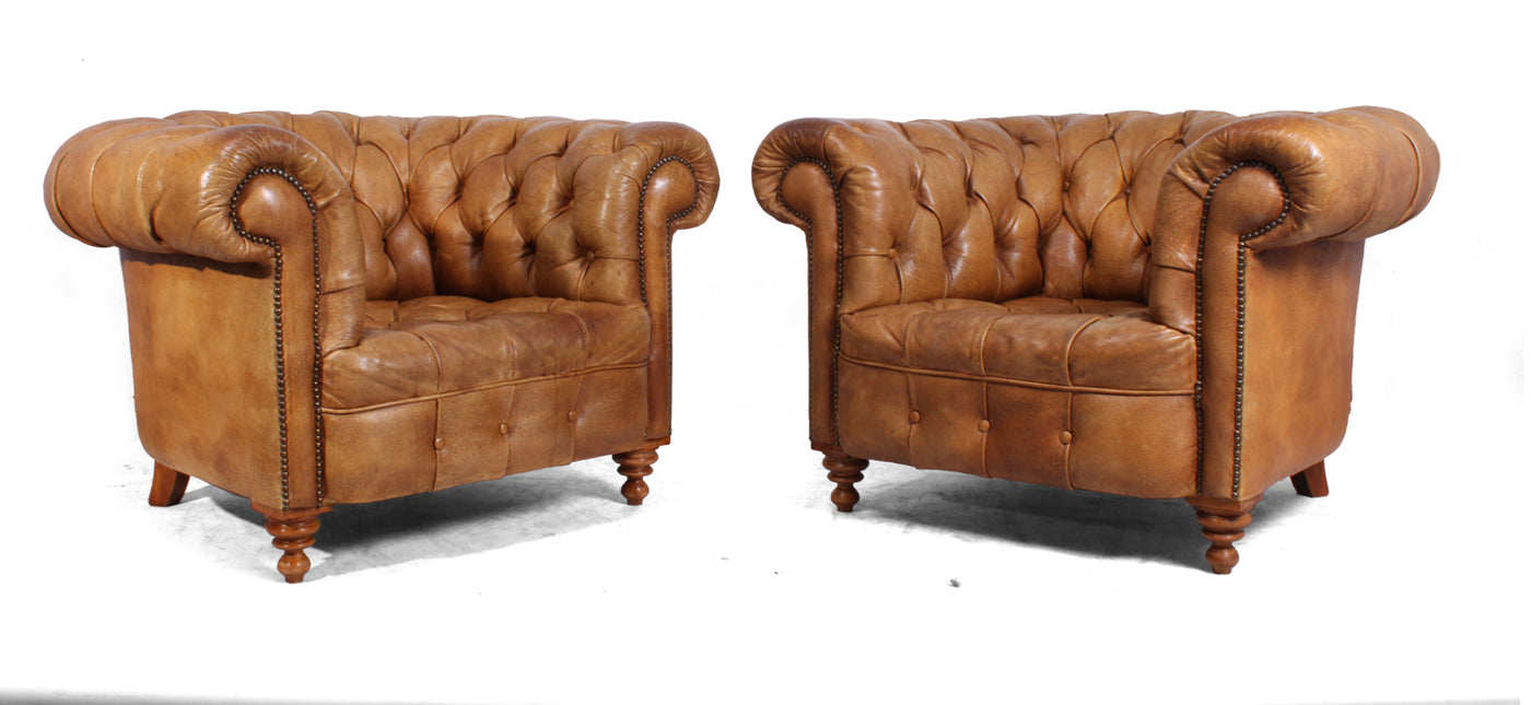 Pair of tan Leather Chesterfield Club Chairs
