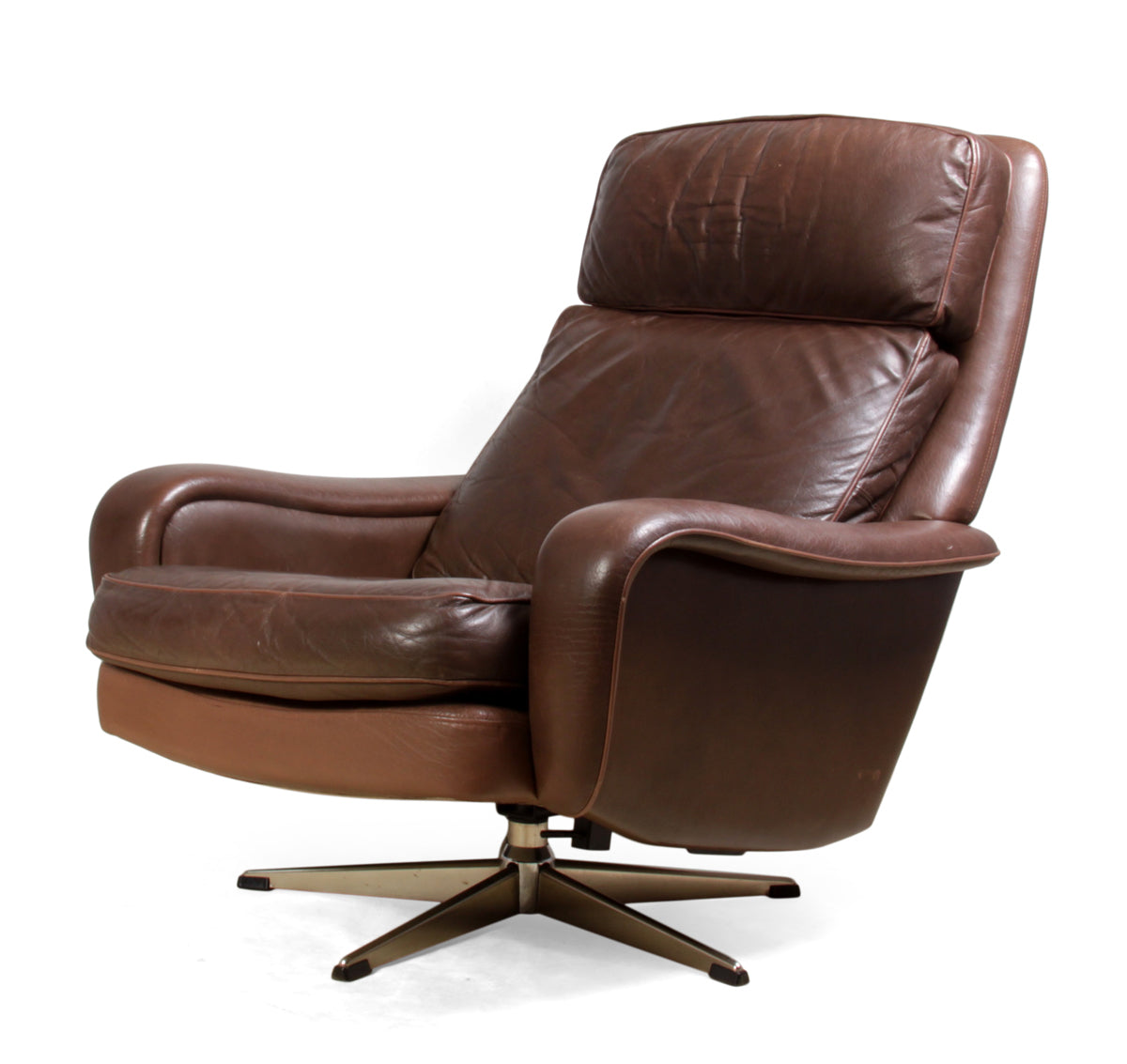 Danish Leather reclining Swivel Man Cave Chair c1970