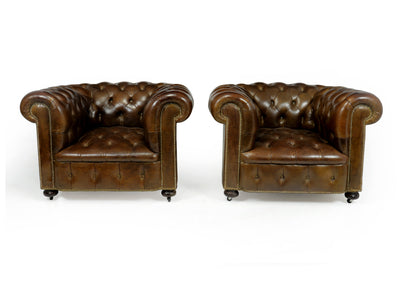 Pair of Brown Leather Chesterfield Club Chairs