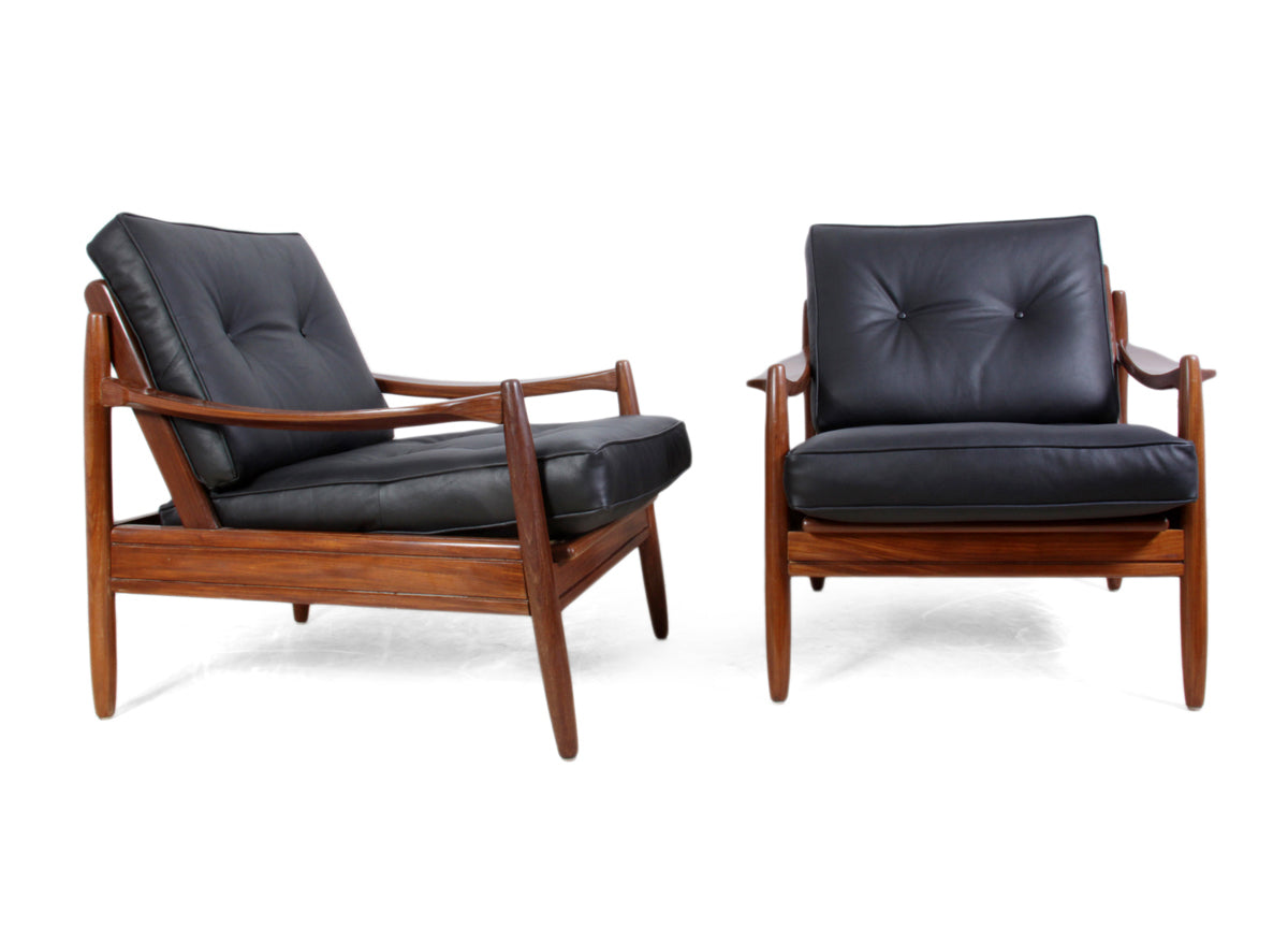 Pair of Mid Century Teak Framed Leather Armchairs c1960